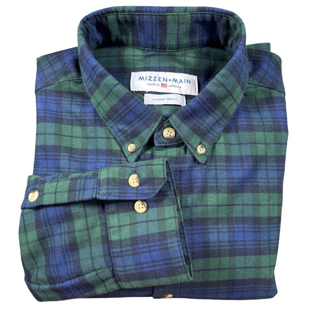 Mizzen+Main Men’s XL Trim Fit Durham Green‎ Blue Plaid Flannel USA Made